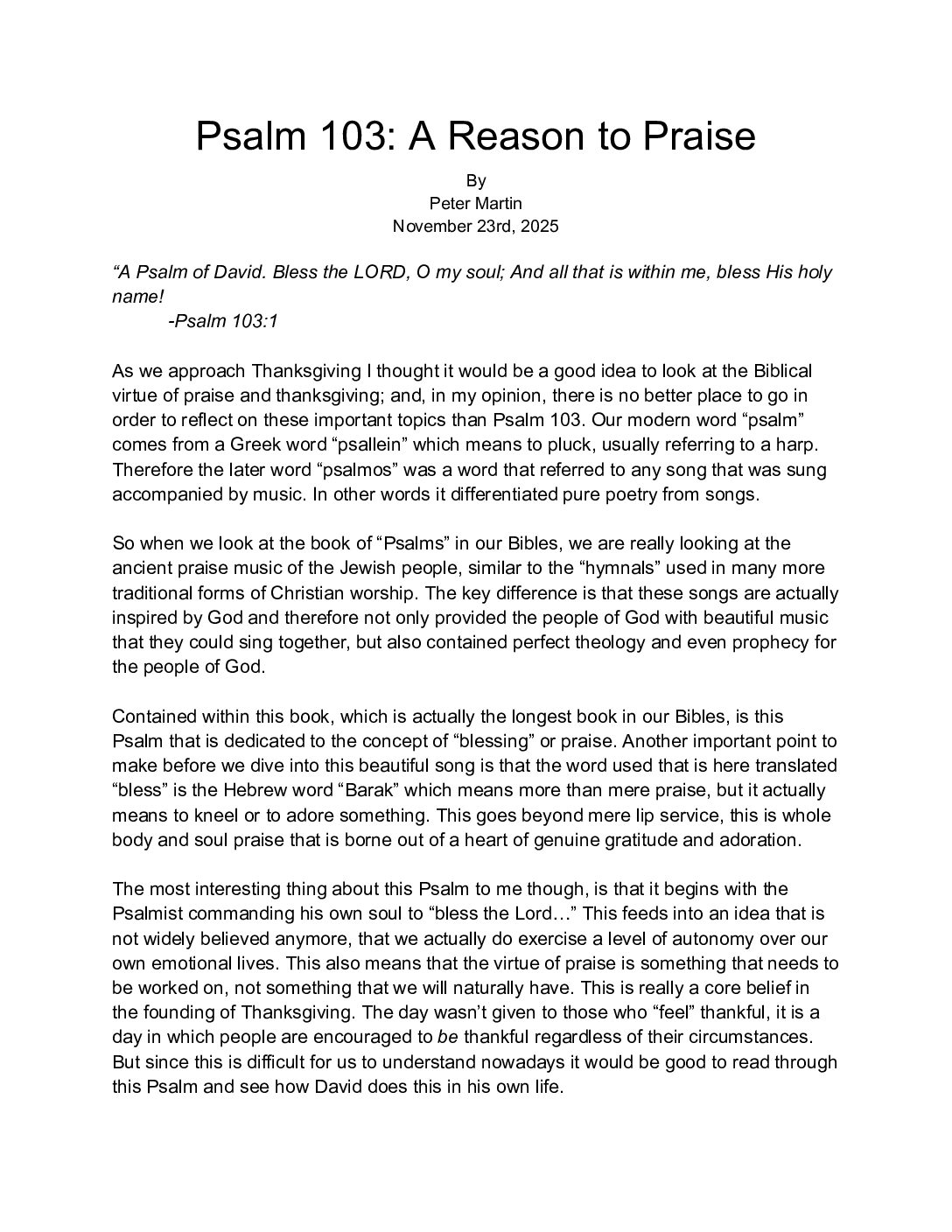 251123 Psalm 103 The Reason To Praise
