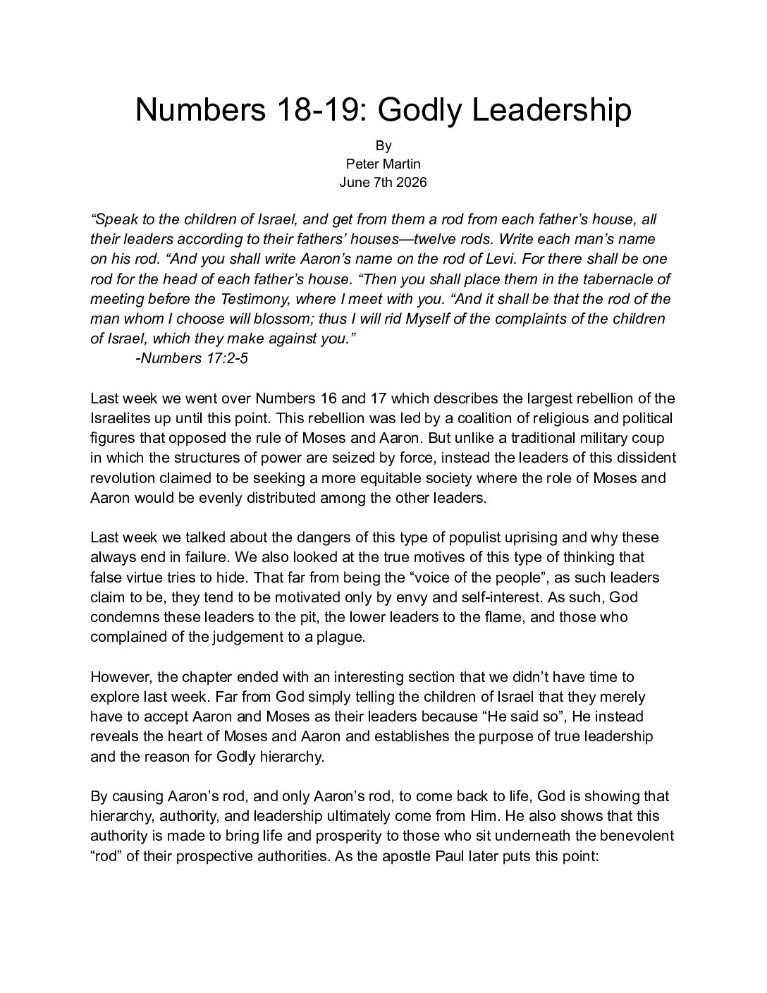 Numbers 18 19 Godly Leadership